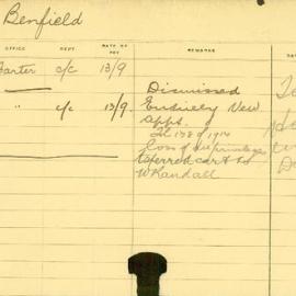 Staff Card - Benfield, H - employed 1914-1915