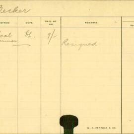 Staff Card - Becker , B - employed 1913