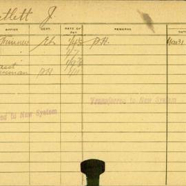Staff Card - Bartlett, J - employed 1919