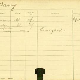 Staff Card - Barry, J - employed 1911-1912