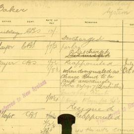 Staff Card - Baker, A - employed 1914-1920