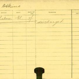 Staff Card - Atkins, H - employed 1915