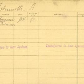 Staff Card - Ashworth, A - employed 1920