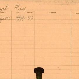 Staff Card - Angel, [first name unknown] (Miss) - employed 1920