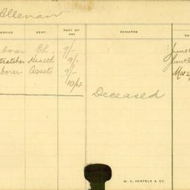 Staff Card - Allenan, R - employed 1913-1916