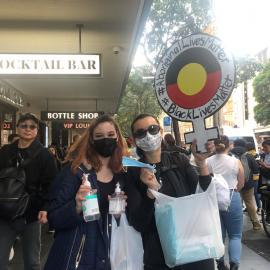Dispensing sanitiser and masks, Black Lives Matter protest during Covid-19 pandemic, 2020