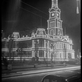 Sydney Town Hall illuminated by night, George Street Sydney, 1938