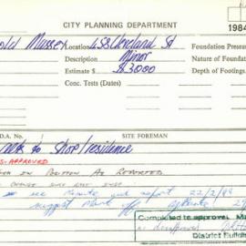 Building Inspectors Card: City Planning Department - 458 Cleveland Street