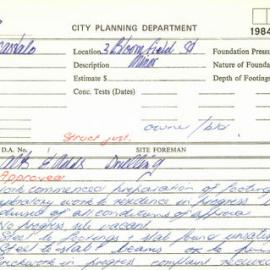 Building Inspectors Card: City Planning Department - 3 Bloomfield Street