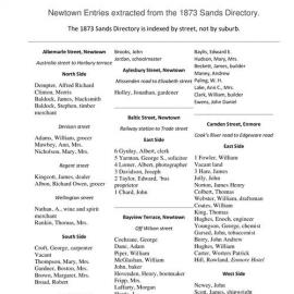 Transcript - Sands Postal Directory, Newtown entries, 1873