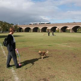 A woman and her dog beside the viaduct in Federal Park, Glebe, 2004