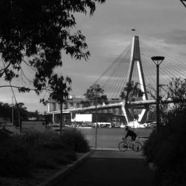 View of cyclist and Anzac Bridge from foreshore path, Glebe, 2012
