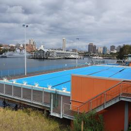 View across an empty Andrew (Boy) Charlton Pool, due to COVID-19 pandemic, 2020