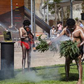 First Nations men conducting a smoking ceremony at the opening of Harold Park, Forest Lodge, 2018