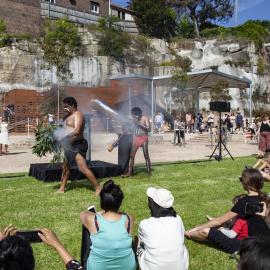 Visitors observing the smoking ceremony at the opening of Harold Park, Forest Lodge, 2018