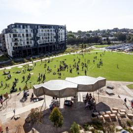 Aerial view of Harold Park Playground and Green on the opening day, Forest Lodge, 2018