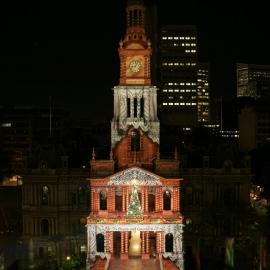 High angled view of Sydney Town Hall lit up with pudding pattern, George Street Sydney, 2005