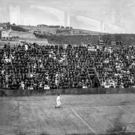 Outdoor tennis match with player, Sydney, 1890