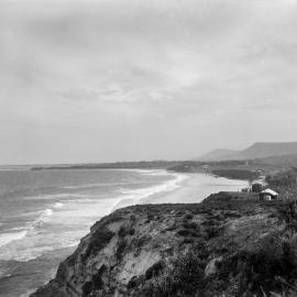 Ocean view of landscape with small hut on the hill, unknown location, no date