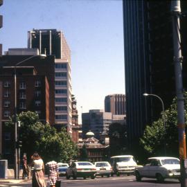 Traffic and pedestrians, corner Macquarie and Bent Streets Sydney, 1983