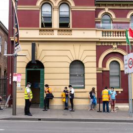 Queues at temporary Covid-19 vaccination clinic, Koori Centre, Redfern, 2021