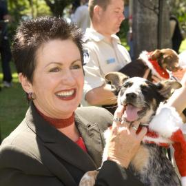 Lord Mayor Clover Moore and cattle dog puppy, Christmas on the Green concert, Hyde Park Sydney, 2007