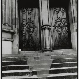 Red paint on steps of St Mary's Cathedral as part of ACT UP demonstration, St Marys Road Sydney, 1991