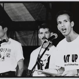 Bruce Brown of ACT UP gives a speech during World AIDS Day, Darling Harbour 1991