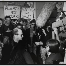 ACT UP protest rally with media, 1990