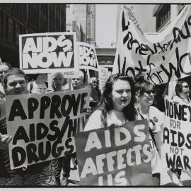 ACT UP group marches during World AIDS Day, 1990