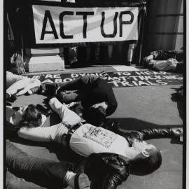 ACT UP Mock Death demonstration outside ADEC, Kent Street Sydney, 1990