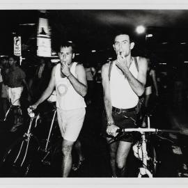 Protesters blow whistles in anti-bash march, King Street Newtown, 1991