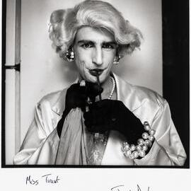 Drag queen, Miss Trust, at HIV support lunch, 1994