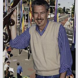 John Fowler with rainbow flags, 2001