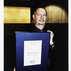 Don Baxter accepts Hall of Fame award for Brian Hobday, Sydney Gay and Lesbian Mardi Gras awards night, 2001