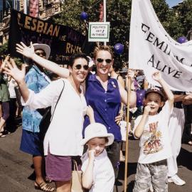 Kate Foy and family at International Women's Day march, George Street Sydney, 1999