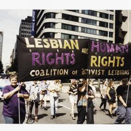 Lesbian rights activists at International Women's Day march, George Street Sydney, 1998