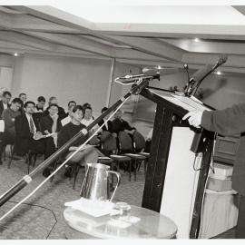 Bev Lange at a press conference, 1998