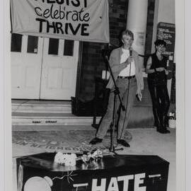 Eileen Pittaway at anti-violence rally, Marrickville Town Hall, Marrickville Road Marrickville, no date