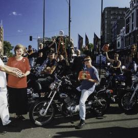 Carole Ann King and motorcyclists, Luncheon Club, Taylor Square, Oxford Street Darlinghurst, 2000