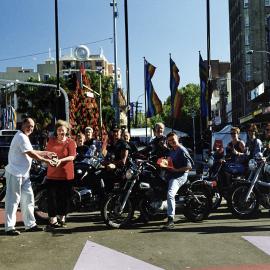 Carole Ann King and motorcyclists, Luncheon Club, Taylor Square, Oxford Street Darlinghurst, 2000