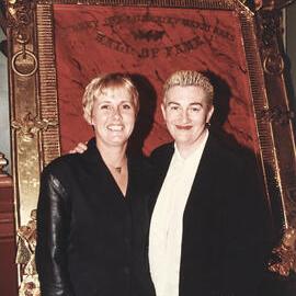 Kathy Pavlich and Susan Harben receive Mardi Gras Hall of Fame award, George Street Sydney, 1997