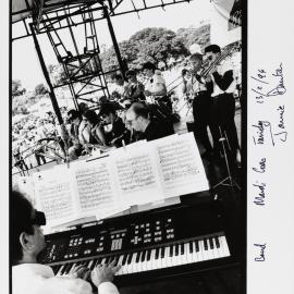 Band performance on stage at Mardi Gras Fair Day, Jubilee Park Glebe, 1994
