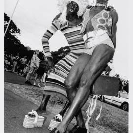 Basil and Deobia promote March Magic dance, Mardi Gras Fair Day, Jubilee Park Glebe, 1996