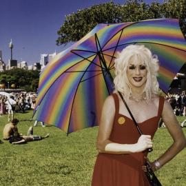 Drag artist Veruska Darling at Mardi Gras Fair Day, Victoria Park Camperdown, 1999