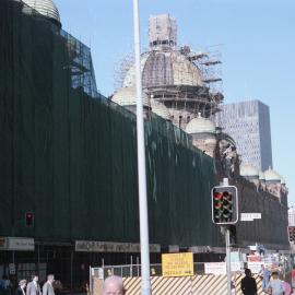 Queen Victoria Building (QVB) covered in scaffoding while under renovation, 1984