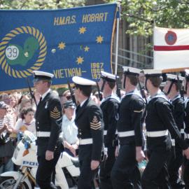 Sailors marching, Navy 75th anniversary parade, Sydney Town Hall, 1986