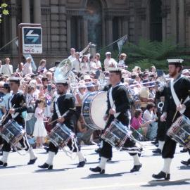 Drummers, Navy 75th anniversary parade, Sydney Town Hall, 1986