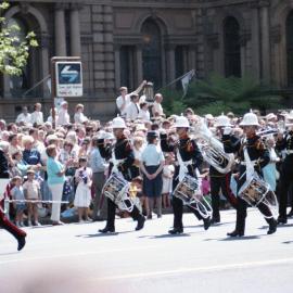 Drummers, Navy 75th anniversary parade, Sydney Town Hall, 1986