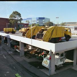South Sydney City Council garbage trucks at Epsom Road depot Zetland, 1989